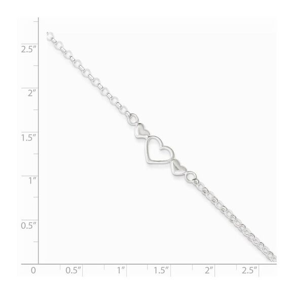 Sterling Silver Adjustable Triple Heart Anklet, 9-10 Inch - Picture 2 of 4